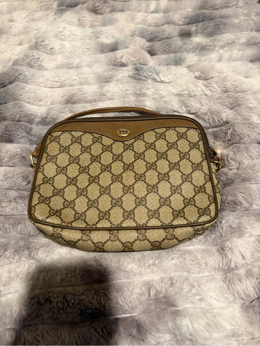 Gucci Brown Beige GG Canvas Crossbody Bag with Gold Accent